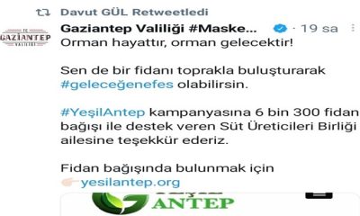 GAZİANTEP VALİLİĞİNDEN YEŞİL ANTEP KAMPANYASINA DESTEK VEREN SÜT BİRLİĞİ BAŞKANI RAMAZAN KAPLAN `A TEŞEKKÜR